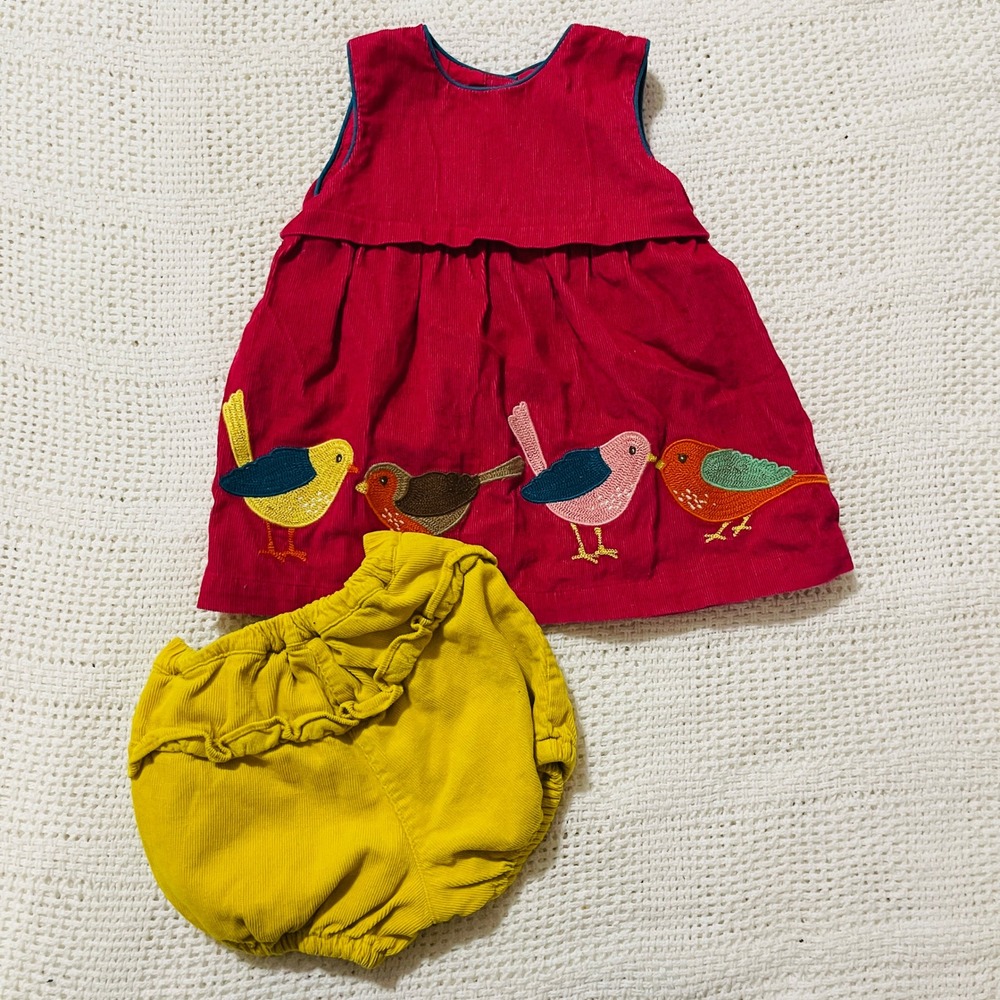 Baby Boden Little Bird Corduroy Dress and Bloomer Set Red Yellow Embroidered